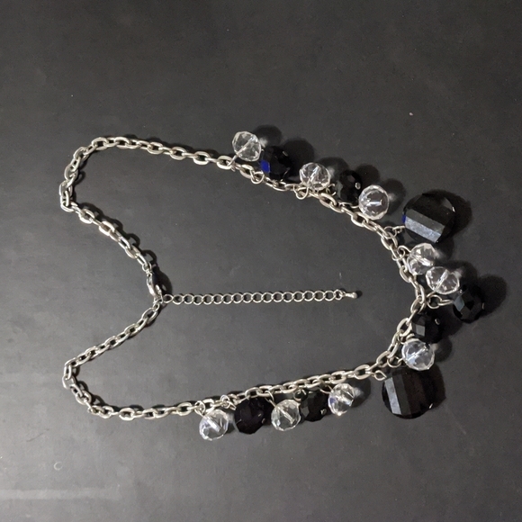 Silver Tone Chain Black and Clear Beaded Crystal Statement Necklace - Picture 1 of 4